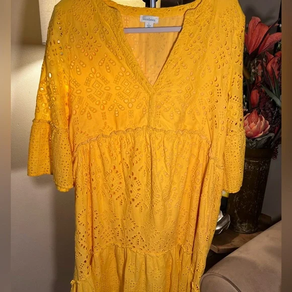 Sundance Selma Yellow Embroidered Eyelet Peasant Dress Midi - Picture 5 of 8
